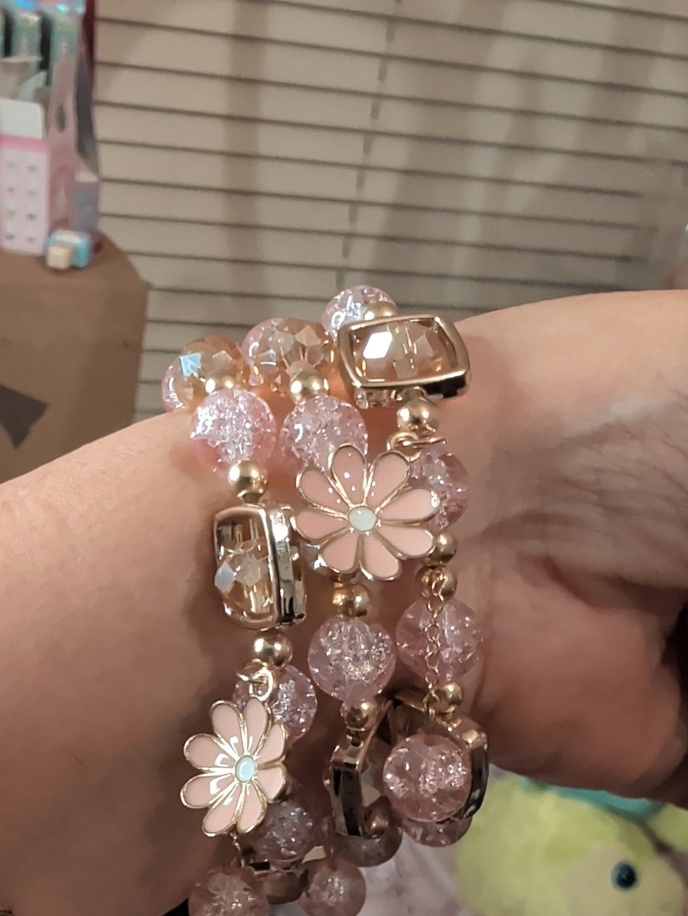 3 Pink Floral Beaded Stretch Bracelet Set - Women's Jewelry